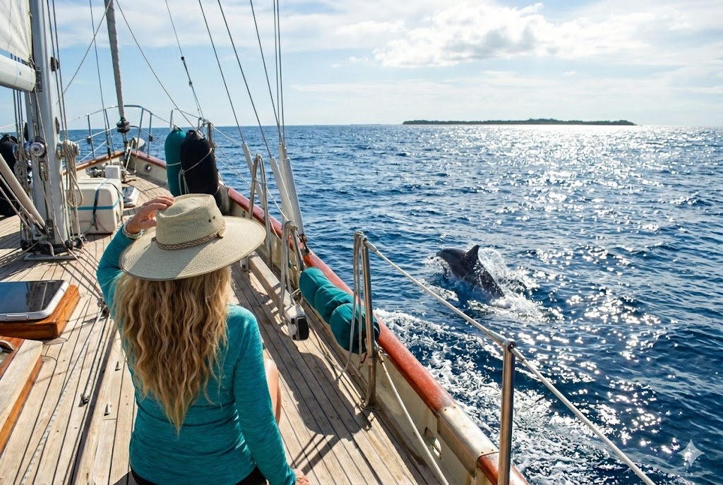 sheree lincoln on deck of majestice dream watching dolphin swim along side - digitally enhanced photo from original photo of dolphin and boat
