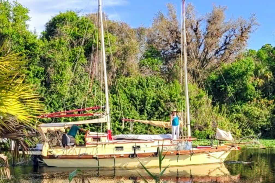 sv spirithawk with sheree on deck and james at the helm